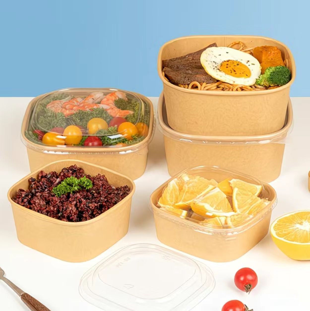 Custom Disposable Brown Kraft Paper Bowls Rectangle Eco-Friendly Modern Microwavable Recyclable Takeout Food Packaging Container