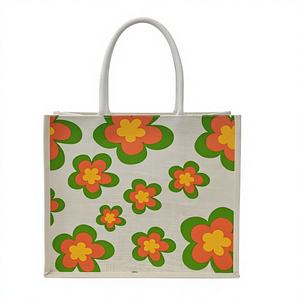 Bolsa de Compras Ecológica de Yute Teñido con Estampado Geométrico, Cierre de Cremallera y Asa de Cinta de PP, Bolsas de Yute al por Mayor - Product Image 1