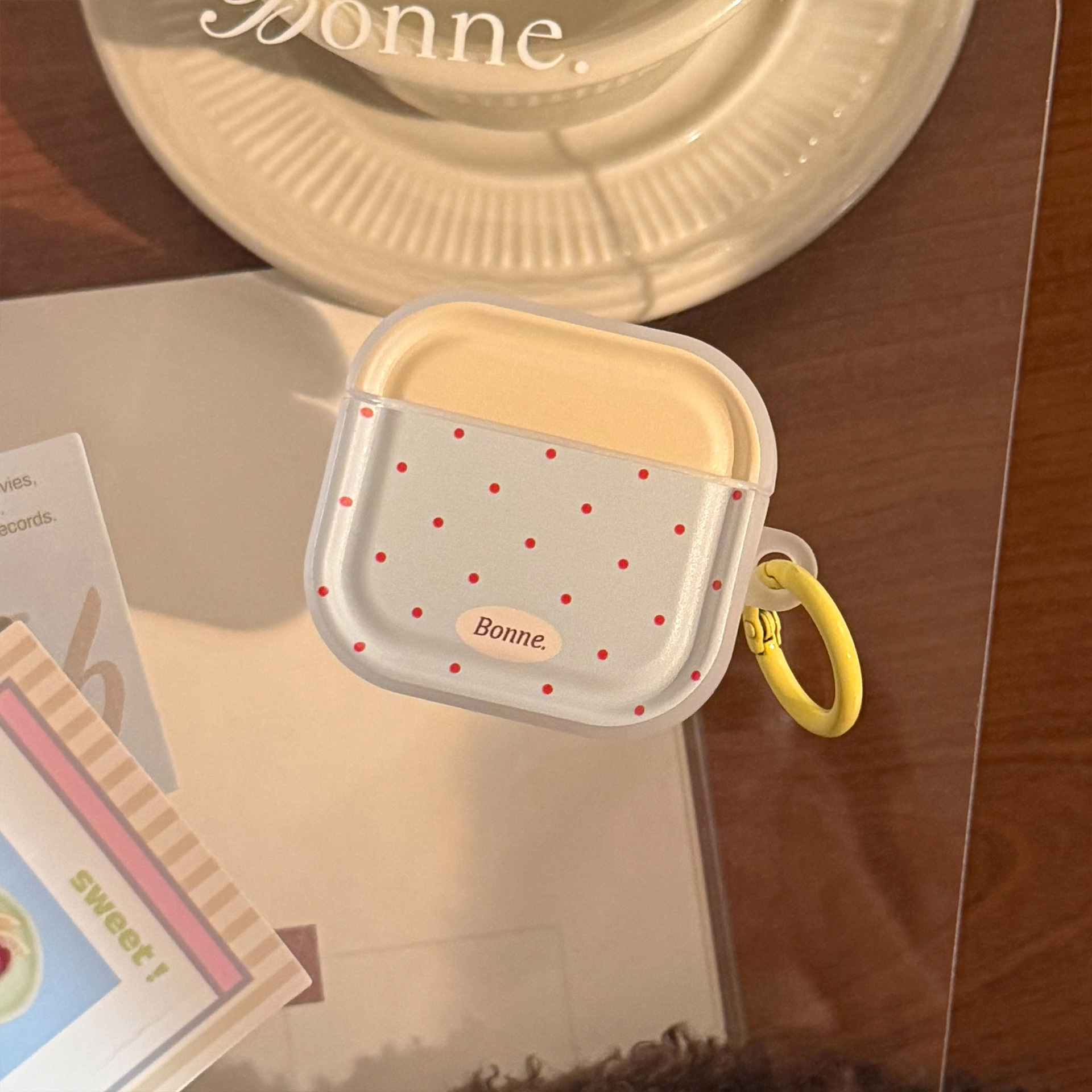 Blue and yellow with red spots, custard yellow hanging ring