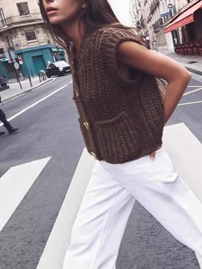 2024 automne Vintage femmes sans manches gros pull simple boutonnage tricot <span class=keywords><strong>gilet</strong></span> avec cou grossier tricot haut pour l'automne superposition - Product Image 5