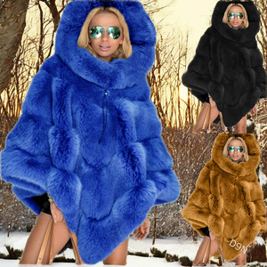 European & American Long Solid-color Hooded Woven Rabbit Faux Fur <b>Poncho</b> Dyed Loose Fit Windproof Vintage Style Autumn Commuting - Product Image 2