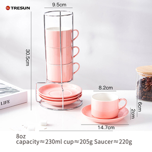Pink Mother's day Gift set Ceramic <b>Espresso</b> <b>Cups</b> Saucers 5 oz Stackable Cappuccino <b>Cups</b> with Rack Stand for Coffee Latte Tea - Product Image 3