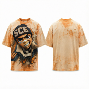 Camiseta de Manga Corta para Hombre con Estampado de Personajes SCE, Cuello Redondo, Estilo Urbano, Corte Regular, Estampado por Sublimación, Patrón Tie Dye Naranja - Product Image 1