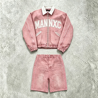 Ensemble 2 pièces en jean personnalisé avec lettres en strass, veste courte zippée à col contrastant blanc et short en jean détails surpiqués, style streetwear