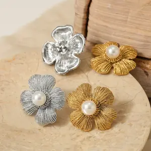 Stainless Steel 18K Yellow Gold Plating Textured Puffy Floral Earrings Vintage Statement Chunky Puffy Faux Pearl Flower Earrings