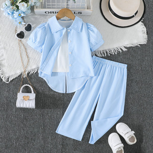 Completo da due pezzi casual a righe blu e bianche traspirante per bambine 2026: camicia e <span class=keywords><strong>pantaloni</strong></span> a gamba larga - Product Image 6