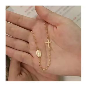 จี้กางเขนทอง 18k ยี่ห้อ Xinfly สำหรับทุกเพศ พร้อมสร้อยคอ ดีไซน์ศาสนาคริสต์นิกายคาทอลิก รูปพระแม่มารี สไตล์วินเทจ ประดับลูกปัด ของขวัญ - Product Image 2