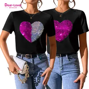 เสื้อยืดพิมพ์ลายหัวใจประดับด้วยเลื่อมสองสีสำหรับผู้หญิงที่รัก-คู่รักสั่งทำ