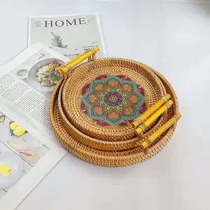 波西米亚咖啡桌晚宴厨房组织者圆形篮子手工编织托盘木质图案套装3个藤制托盘