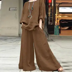 PDEP 2023 женская модная повседневная одежда для отдыха Свободная хлопковая льняная рубашка с длинным рукавом Брюки и топ костюм из двух предметов