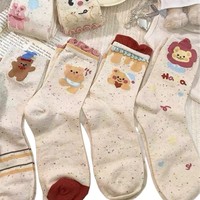 Chaussettes de nuit tricotées unisexe en fibre de polyester, style japonais, avec dentelle douce, motif dessin animé, sans couture, antibactériennes et anti-odeur