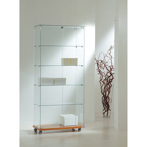 Vitrina Moderna de Vidrio 80x40x180cm con Puertas Abatibles con Cerradura, 4 Estantes, Base de Madera de Cerezo sobre Ruedas - Product Image 1