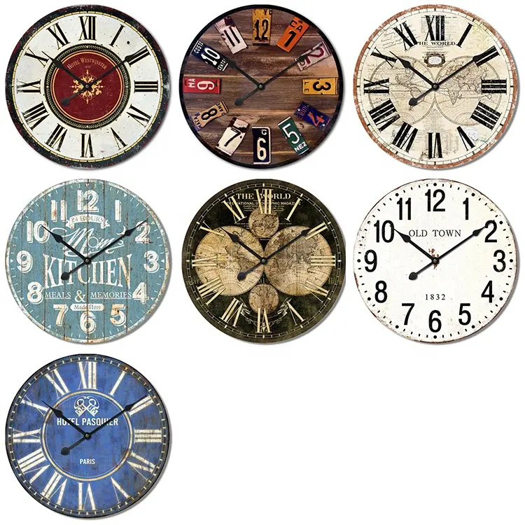 골동품 장식 벽 시계 라운드 빈티지 벽 시계 다채로운 프랑스 컨트리 스타일 파리 크리 에이 티브 나무 벽 시계