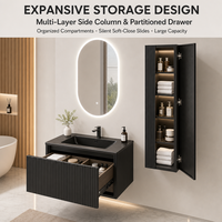 Ensemble de meubles de salle de bain moderne de luxe noir mat cannelé avec miroir LED intelligent ovale et armoire de rangement latérale murale haute