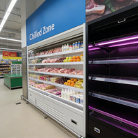 Multifunctionele verticale koelvitrine met open multideck koeling en luchtkoeling voor vers fruit, groenten en melk