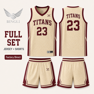 Ensemble d'uniformes de basketball professionnels en maille à motif géométrique crème bordeaux, entièrement sublimés, style universitaire américain pour équipes scolaires - Product Image 2