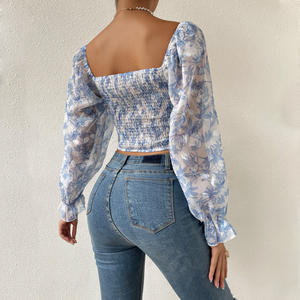 Top corto con maniche lunghe a sbuffo con stampa floreale Vintage da donna camicette eleganti in Chiffon Et Chemises Pour Femmes Top e camicette da donna - Product Image 6