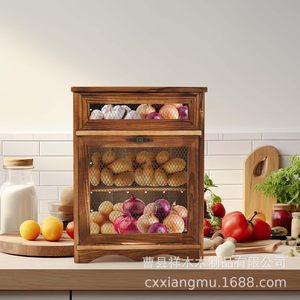 Wooden Potato And Onion Storage Box Square Kitchen Countertop <b>Vegetable</b> Container With Mesh Door <b>Standing</b> Type - Product Image 1