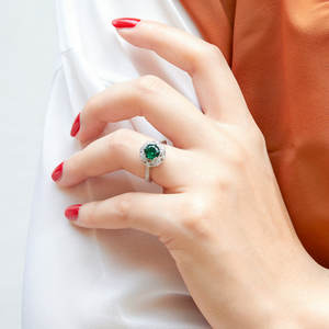 Bague Halo Coupe Ronde 7mm Bleu et <span class=keywords><strong>Vert</strong></span> Sertissage de Prong Plaqué Rhodium Épais Plaqué Or 18K Bague de Promesse en Argent - Product Image 6