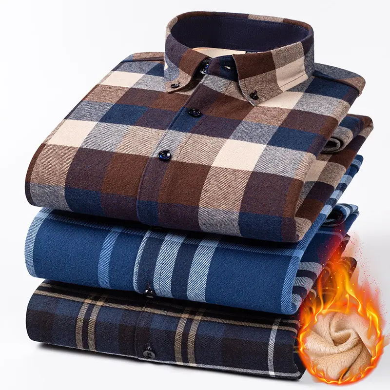 Winter Warm Shirt Coat Men's Pure Cotton Brushed Plaid Shirt Men's Velvet Thickened Long Sleeve Shirt