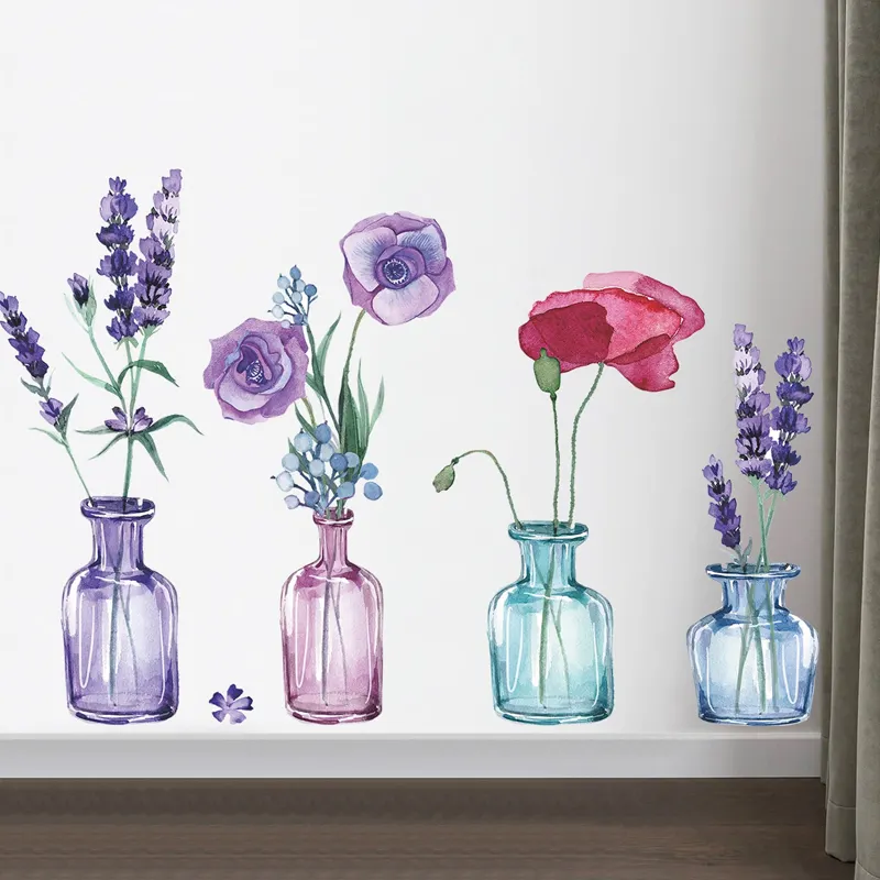 Glass vase and flowers wall sticker Lavender peony wall decal Garden Flower Wall Stickers Bedroom Living Room TV Decoration