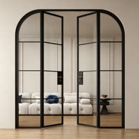 Porte intérieure battante à double battant en verre Moru, style rétro français, à grille cintrée, cadre fin noir, style parisien, cannelée et nervurée