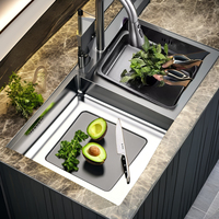 Évier de cuisine moderne en acier inoxydable 304 brossé, à cuve carrée unique, fait main, multifonction, avec robinet de rinçage intelligent à cascade