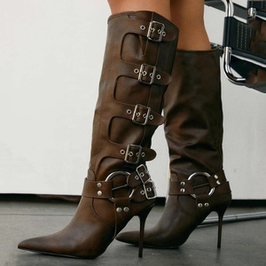 Custom Metal Buckles up High Slim Heels Women Knee High <b>Boots</b> Western Styles Pointed Toe Mid Calf Booties on Brown Shoes - Product Image 1