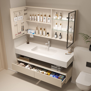 Modern bathroom <b>cabinet</b> ceramic integrated basin with drawer <b>walnut</b> solid wood washbasin - Product Image 4