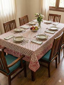Traditional Pink <b>Tablecloth</b> Cotton Dining Table Cover Block Print Table Linen Kitchen Decor <b>Washable</b> Table Cover - Product Image 2