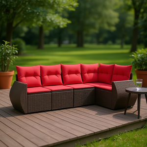 Ensemble de canapés de jardin en polyrotin brun avec coussins, 5 places, mobilier de patio, style contemporain pour l'extérieur - Product Image 2
