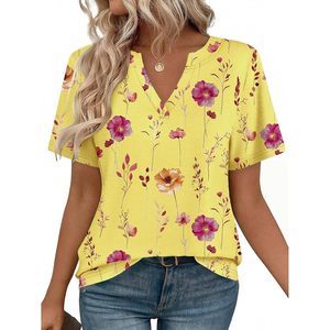 Camiseta de Manga Corta con Cuello en V y Estampado Floral para Mujer, Blusa Informal para Uso Diario, Top Transpirable de Poliéster - Product Image 1