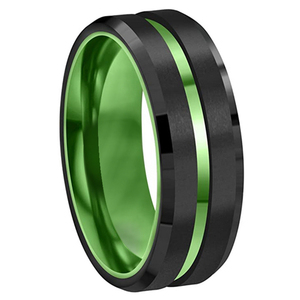 Bagues personnalisées en <span class=keywords><strong>aluminium</strong></span> vert de Cheng Jewelers, incrustation de tungstène noir plaqué 8 mm, bagues de combat vertes pour hommes - Product Image 1