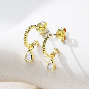 R.<strong>GEM</strong>. Fine <strong>Jewelry</strong> 925 Sterling Silver C-shaped Hook Gold Plated Pear Cut Cubic Zircon Twisted Cuff Drop Charm Earrings - Product Image 2