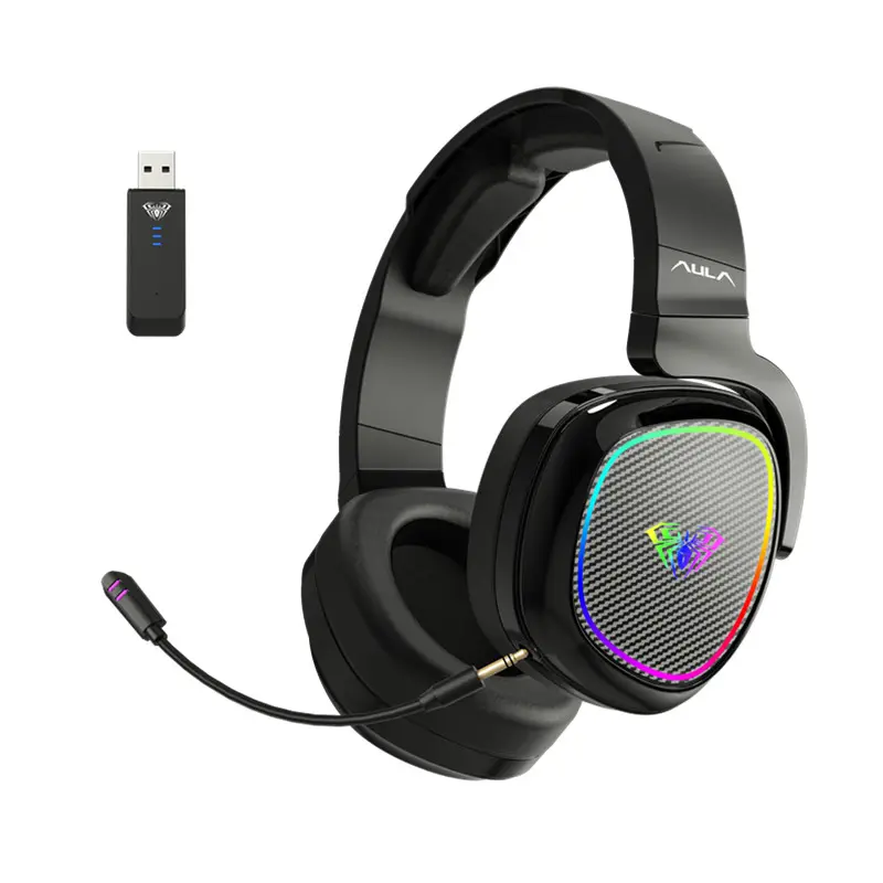 AULA F608 Headphone Earphone nirkabel, Headset BT Gaming lampu RGB kustom
