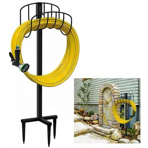 独立式花园软管支架高稳定性吊架重型金属水软管储物架，用于室外院子草坪，黑色