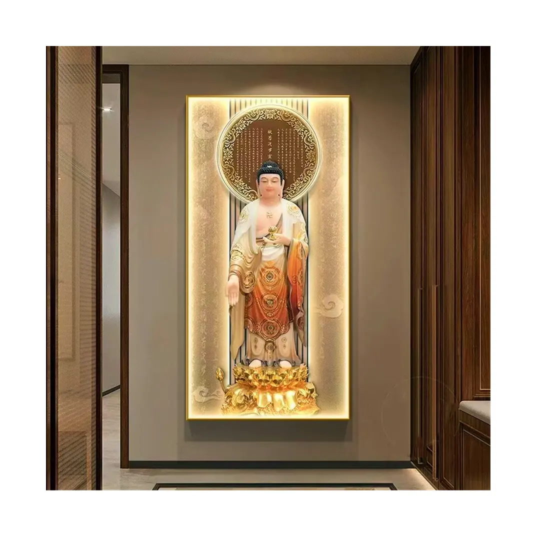 Роскошный современный портрет Будды с каллиграфией, светодиодная картина, Хрустальный фарфор, абстрактная живопись, искусство, настенный Декор для дома
