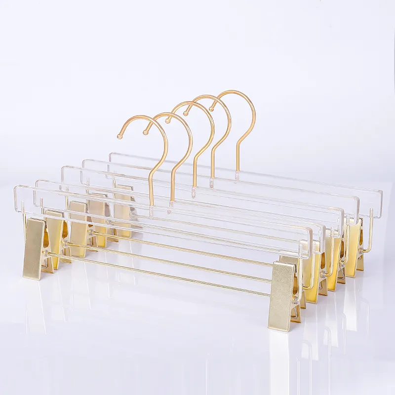 Groothandel Custom Logo Rok Display Broek Hangers Met Goud Clips Clear Acryl Hangers