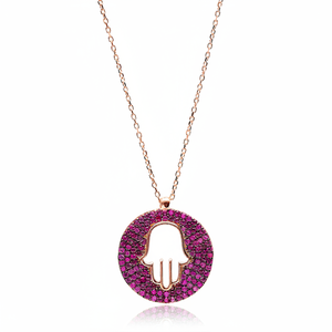 Rubí circón piedra redondeada Hamsa encanto COLLAR COLGANTE turco hecho a mano al por mayor 925 joyería de plata esterlina - Product Image 2