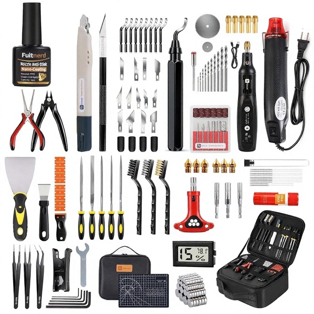142Pcs 3D Printer Accessories Kit 4-Layer Slotted Case Battery-Powered Cordless Rotary Tool Heat Gun PTFE Nozzle Anti-Stick Tool