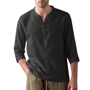 Hot Sale Herren T-Shirts Benutzer definierte Half Button Dekoration Henley Kragen Ärmel Shirts Atmungsaktive Loose Blank T-Shirts