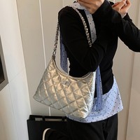 Tas Selempang Wanita Custom Logo Berlian Quilted Hobo Bahan Kulit PU Metalik dengan Rantai untuk Kantor dan Belanja