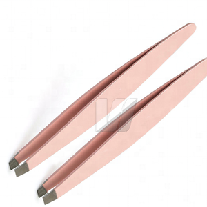 Juego de pinzas inclinadas de acero inoxidable recubiertas de rosa con punta puntiaguda profesional, pinzas para cejas con logotipo personalizado para uso de belleza - Product Image 4