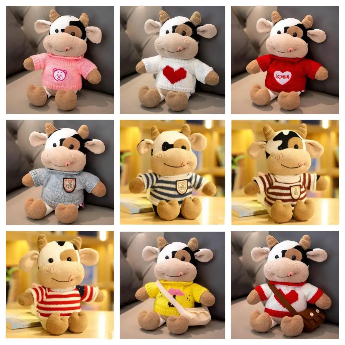 Promocionais Atacado Presentes Baratos Personalizados Cute Farm Animal Sweater & Hoodie Stuffed Plush Gado Vaca Brinquedos