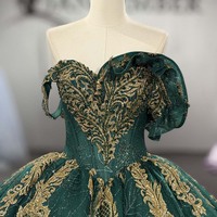 Robe de bal de Quinceañera Jancember, modèle Dy8570, luxueuse, vert émeraude, épaules dénudées, tulle brodé or antique.
