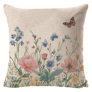 Funda de Almohada Cuadrada de Lino con Diseño de Mariposas y Flores Primaverales, 45x45cm, Transpirable, Decorativa para Sala de Estar y Sofá - Product Image 4