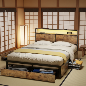 Lit double moderne avec étagère intégrée rétroéclairée, cadre en bois rustique, tiroirs de rangement, lumières LED, métal solide - Product Image 1