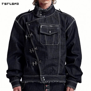 Chaqueta de mezclilla cruda para hombre, estilo bombero, con cierre de gancho, cremallera diagonal, cuello alto, cremallera, bolsillo en el pecho, dobladillo sin rematar, corte ajustado, estilo motociclista - Product Image 2