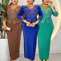 Robes africaines de luxe grande taille pour femmes, robes de soirée maxi à manches longues à col en V ornées de strass, robes de cérémonie pour femmes