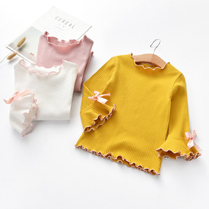 Nuevas camisetas de primavera para niñas, <span class=keywords><strong>camisas</strong></span> con lazo de encaje de manga larga blanca y rosa para niños, ropa informal de estilo sólido para niños pequeños con regalos - Product Image 1